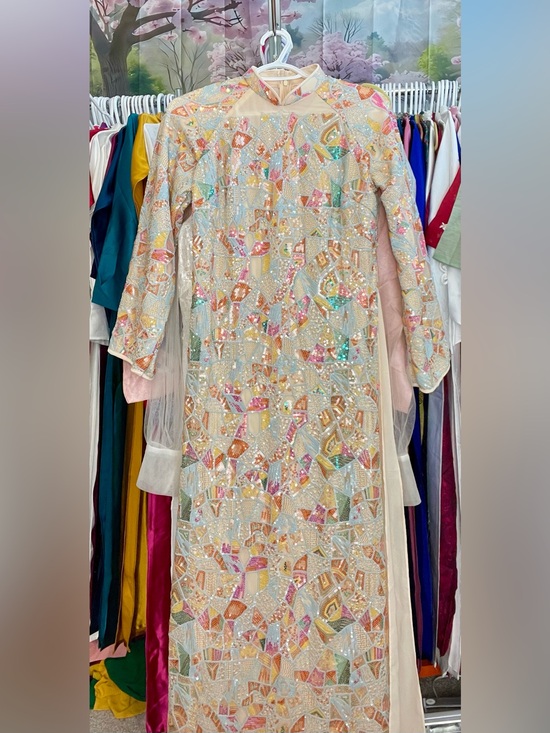 Other - Ao dai suông kim sa sequin Vietnamese traditional long dress set l 4 pink cream